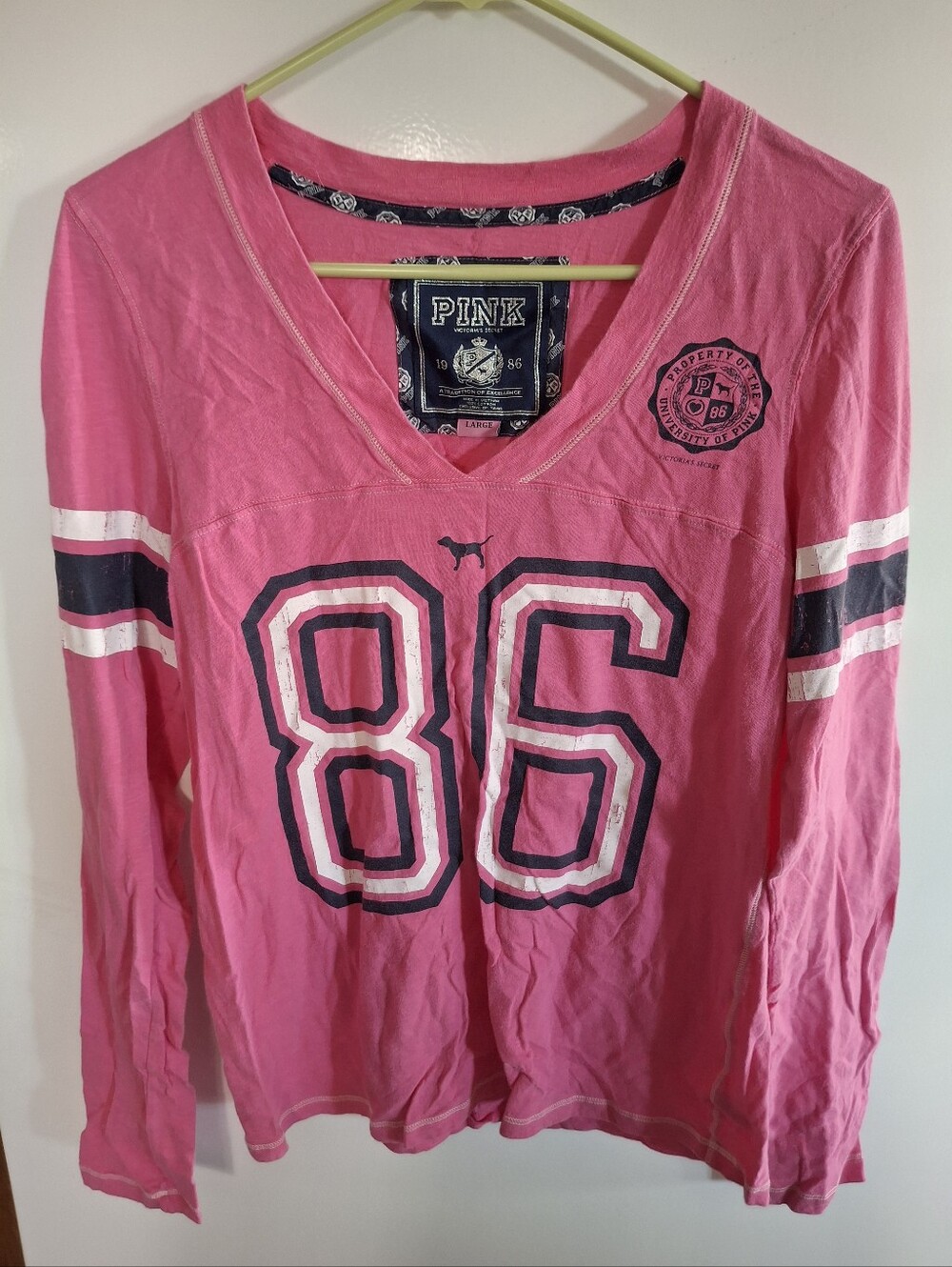 PINK Victoria's Secret Pink Long Sleeve V-Neck Football Tee with Navy Accents